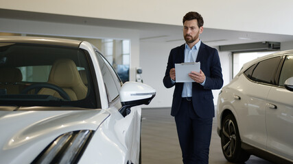 Caucasian adult man holding clipboard document salesman analyzing dealer showroom auto automobile...