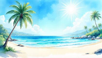 Bright coastal scene with palm trees and a sunny sky -watercolor art with spacefor copy perfect for the summer trips concept 