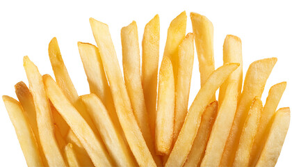 pile of golden crispy french fries standing upright with salted texture, fast food snack viewed from front angle on isolated background
