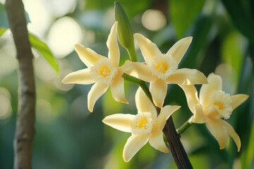 Yellow dahlia flowers bloom vibrantly against a lush green background.