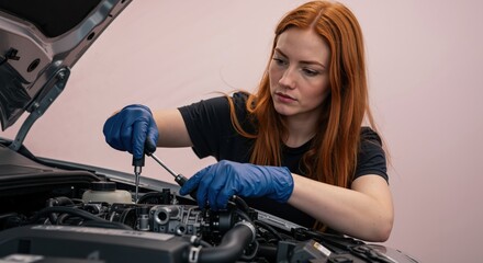 Young woman focused on repairing a car engine in a workshop  