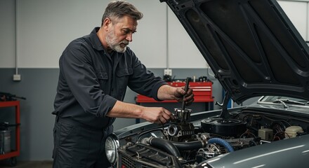 Mechanic focused on repairing car engine in garage workshop  