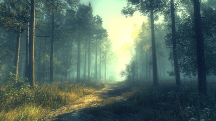Fototapeta premium Misty Forest Path: A Serene Morning in the Woods