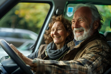 Happy couple smiling and looking at their new car while sitting in the driver's seat, with an enthusiastic salesperson showing them features of the vehicle from outside the window. 