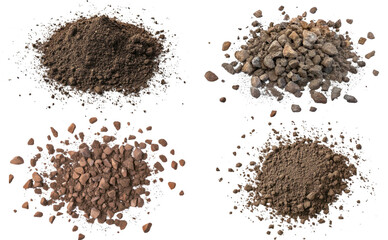 different types of soil and gravel on white background