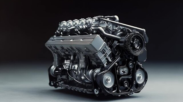 A detailed view of a complex silver engine with numerous tubes, belts, and pulleys against a dark gray background