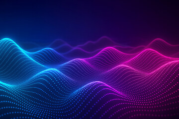 Futuristic glowing 3D digital wave landscape made of blue and pink dots on dark background, technology abstract data visualization