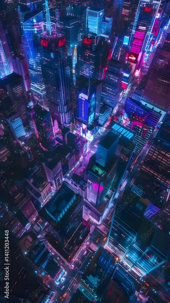 Poster 夜の都市風景 高層ビルのネオンライトとカラフルな街並み 青と紫の光が輝く モダンな都市景観
