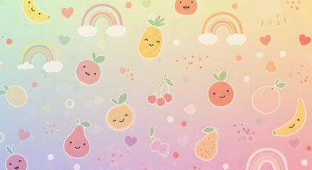 Colorful and cheerful fruit pattern featuring smiling characters, rainbows, and clouds on a pastel background, perfect for brightening any creative project Generative AI