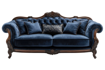 Elegant navy blue velvet sofa with ornate wood frame detailed carving on transparent background
