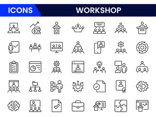 Set of Workshop and Coaching line icons. Outline icon collection related to training, coaching, mentoring, education, meetings, conferences, and teamwork.