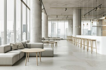 Fototapeta premium Contemporary lounge area with city views featuring modern furniture and open space