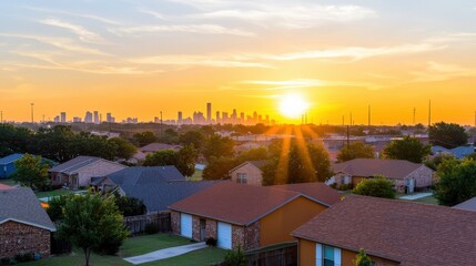 Obraz premium A peaceful suburban backyard with a warm sky and urban skyline far away, Suburban Sunset of City Skylines