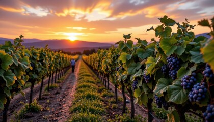 A picturesque vineyard at sunset, with rows of grapevines heavy with clusters of plump grapes, workers moving swiftly to harvest the fruit before nightfall.