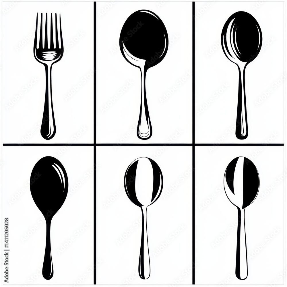 Poster a minimalist black and white design featuring various utensils: a fork and multiple spoon variations