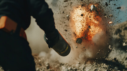 Blasting technician safely loading explosives for a controlled detonation at a mining site. Featuring safety and explosive handling