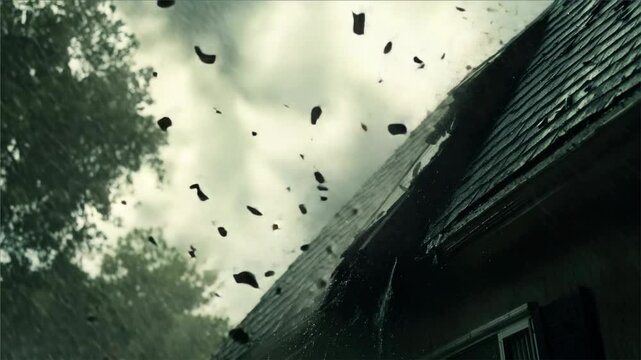Roof Shingles Exploding and Falling Off Damaged House During Storm