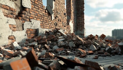 Rubble ruin brick wall broken home building