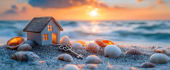 Seaside sunset scene with miniature house model, key, and seashells on beach sand