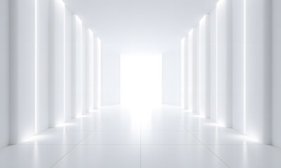 A corridor illuminated by lights from its walls.