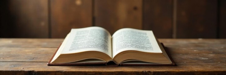 Obraz premium Wooden table with open booklet on wooden background, blurred, graphic