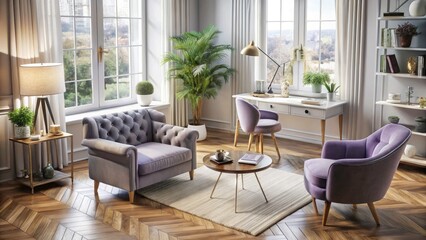Obraz premium Stylish Lavender Velvet Armchair in Modern Living Room and Home Office - Aerial Photography
