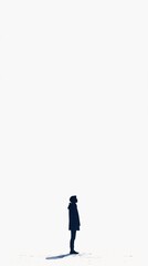 A solitary figure stands against a vast white backdrop, evoking feelings of isolation and contemplation in a minimalist setting.