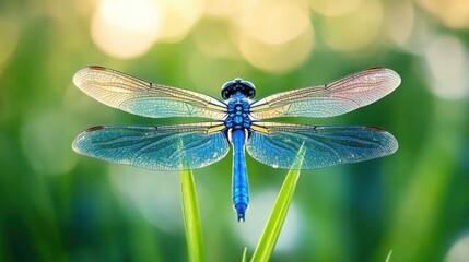 A beautiful blue dragonfly sitting on green blades of grass
