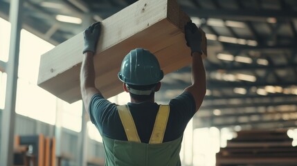 A construction worker lifting heavy materials at a job site. Featuring strength and teamwork