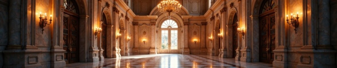 Obraz premium Grand entrance hall with ornate details and chandelier, sophisticated decor, elegant atmosphere