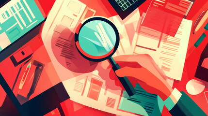 Budget corruption investigation visualized through an auditor inspecting documents with a magnifying glass