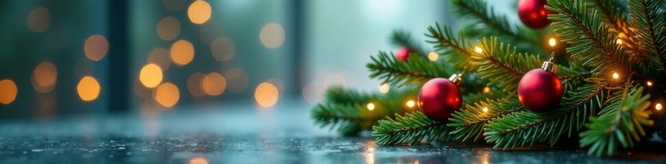 Elegant coniferous branch arrangement with LED lights and festive decorations on clear glass background, Holiday Decoration, Wintery Ambiance