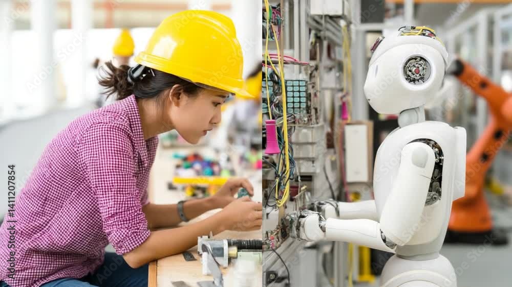 Poster female engineer repairs robot in workshop with assistance generative ai