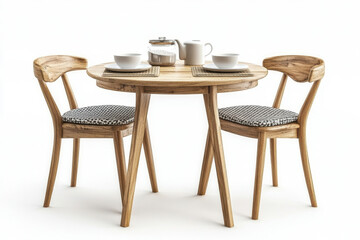 Small table with chairs, coffee cup.