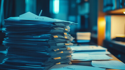 Close-up photo showing stacked paperwork in an office setting with a paperclip, representing documentation and administrative tasks