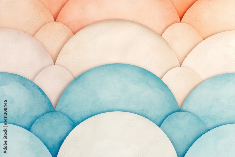 Poster a serene abstract painting featuring layered circular forms in soft pastel colors, creating a calmin