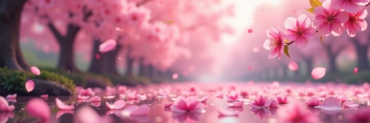 Fototapeta premium Soft pink sakura petals gently floating in a serene cherry blossom garden, gentle, background