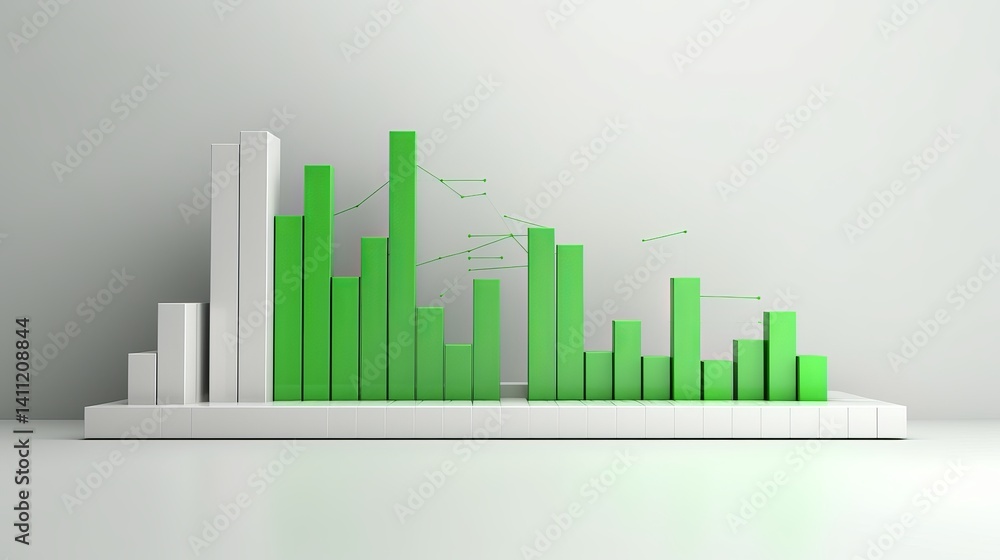 Poster green and white bar graph with thin lines connecting the tops of the bars on a white background
