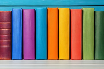 Naklejka premium Colorful Books on Wooden Shelf Against Blue Background