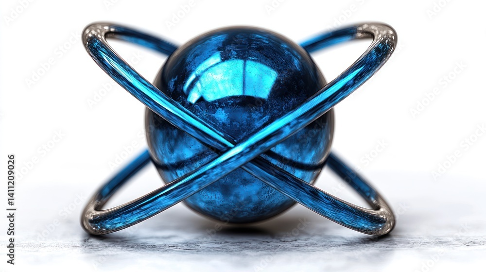 Poster abstract blue sphere with metallic rings: a 3d render of a futuristic atomic structure