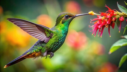 Fototapeta premium Sword-billed Hummingbird Ecuador Cloud Forest Nectar Feeding Candid Photo