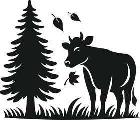 Vector silhouette of a cow with forest tree