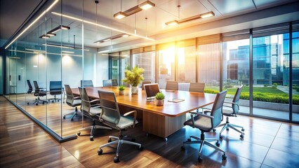 Tilt-Shift Business Meeting Room, Glass Office Interior, Modern Workplace, Miniature Photography
