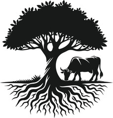 Vector silhouette of a cow with forest tree