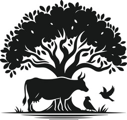 Vector silhouette of a cow with forest tree
