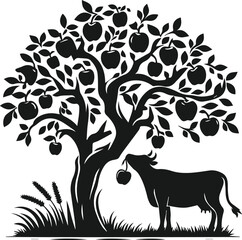 Vector silhouette of a cow with forest tree