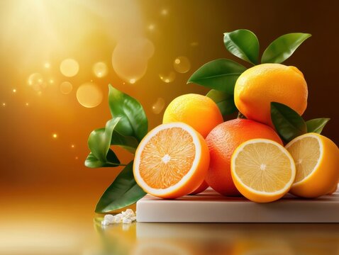 Citrus fruit collection with oranges, lemons, and leaves in fresh market setting