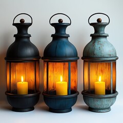 Three vintage lanterns with lit candles inside, painted in black, blue and green colors, on a white background.
