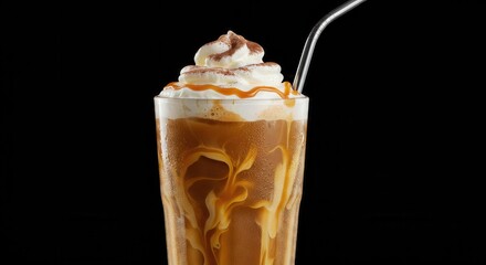 This is a horizontal view of a tall glass of iced coffee with creamy swirls of caramel drizzle, topped with whipped cream and a dusting of cocoa powder, served with a metal straw.