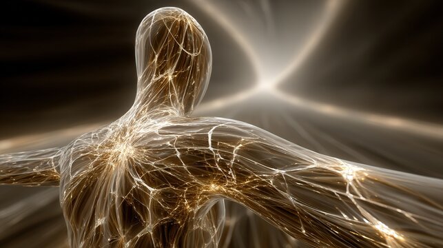 Fototapeta A human portrait, part glass and glowing with fractal neurons, suspended in a void with geometric lines, embodying the philosophical beauty of the mind.